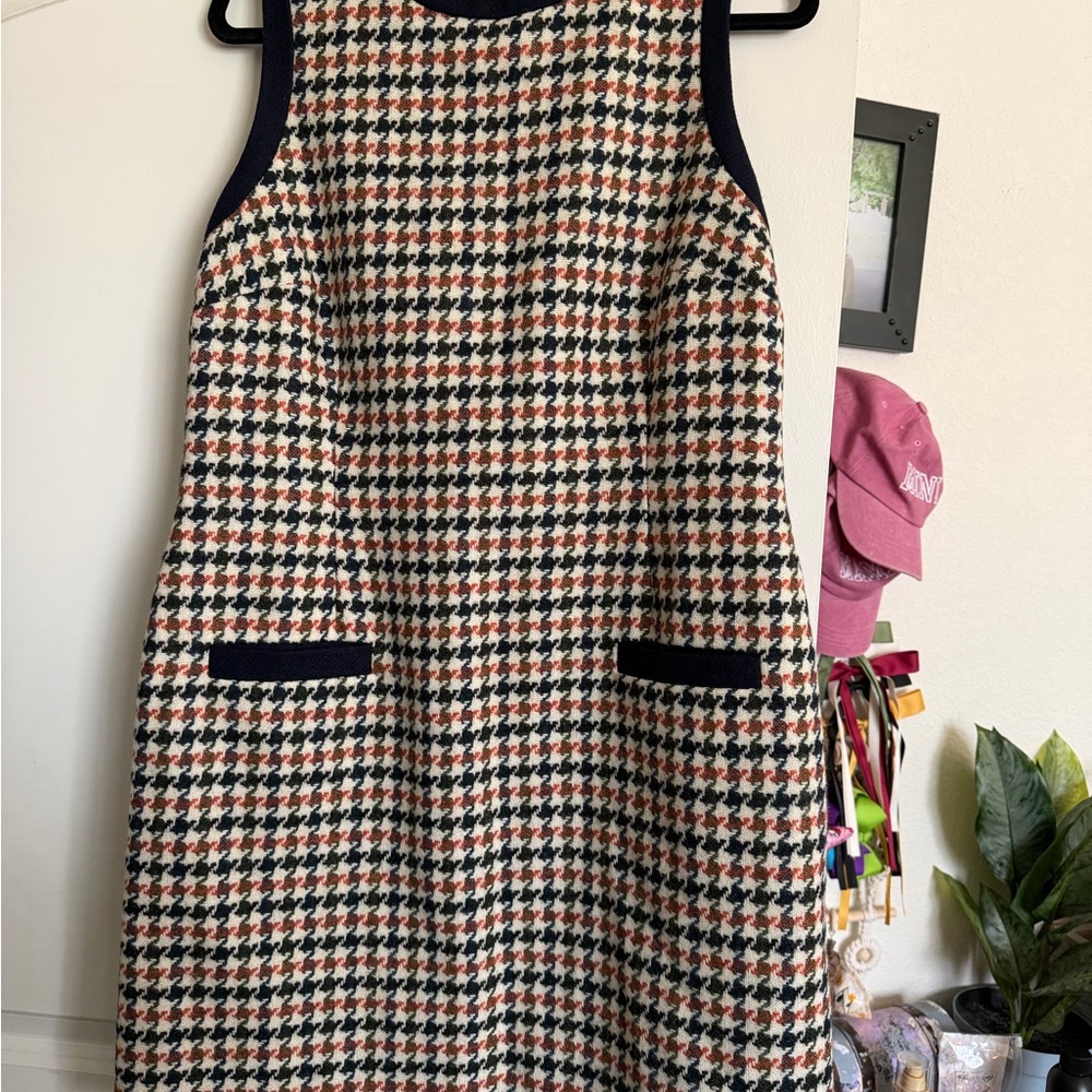 Boden Multicolor Houndstooth Tweed Dress with Navy Trim